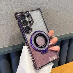 A Luxurious, Gold-Plated, Sparkling Gradient Transparent Phone Case with a Magnetic Round Stand, Compatible with For Samsung Galaxy S25 Ultra, S24 Ultra, S23 Ultra, S22 Ultra, S25 Plus, S24 FE, S24+, S23+, S23 FE, And S22+ for Shockproof Cover