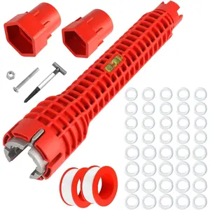 8-in-1 Faucet & Sink Installer Wrench - Red, Plastic, Ratchet, Plumbing Tool - Includes 2 Replaceable Heads (34mm & 40mm), 40 Washer Gaskets, 2 Thread Seal Tape - Plumbing Wrench