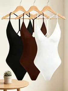 Sexy V-Neck Ribbed Back Bodycon Crop Top, Perfect for High-Waist Pants & Skirts, Versatile Three-Piece Set for Stylish Bodysuits