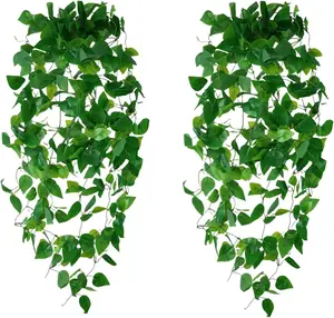 Fake Hanging Plants(2pcs) for Room Decor, Artificial Ivy Vines Greenery Garlands for Home Bedroom Living Aesthetic Kitchen Office Wall Patio Bookshelf, Indoor,Outdoor Decorations(No Basket)