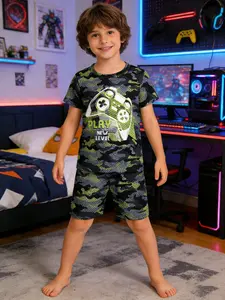 Boys' Camouflage Print Summer Pajama Set, Short Sleeve Round Neck Top & Shorts, Home Wear Sleepwear, Comfortable Kids Clothing, Pyjama