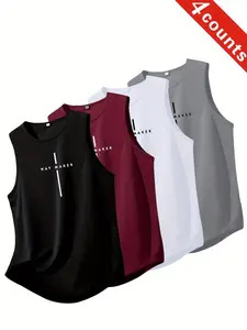 4-Pack Men's Quick Dry Tank Tops, Letter Print Sleeveless Shirts, Vests, Gymwear, Breathable Athletic Gym Workout Tops for Men, 4 Colors Available