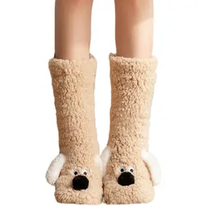 Thigh High Socks, Women Winter Puppy Dog Ear Fuzzy Slipper Socks Nonslip Warm Sock with Grip Thick Furry Plush Sock for Home Sleeping