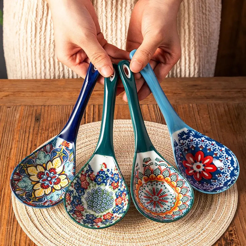 Bohemian Ceramic Soup Ladle, Large Long Handle Spoon for Soup, Porridge & Congee