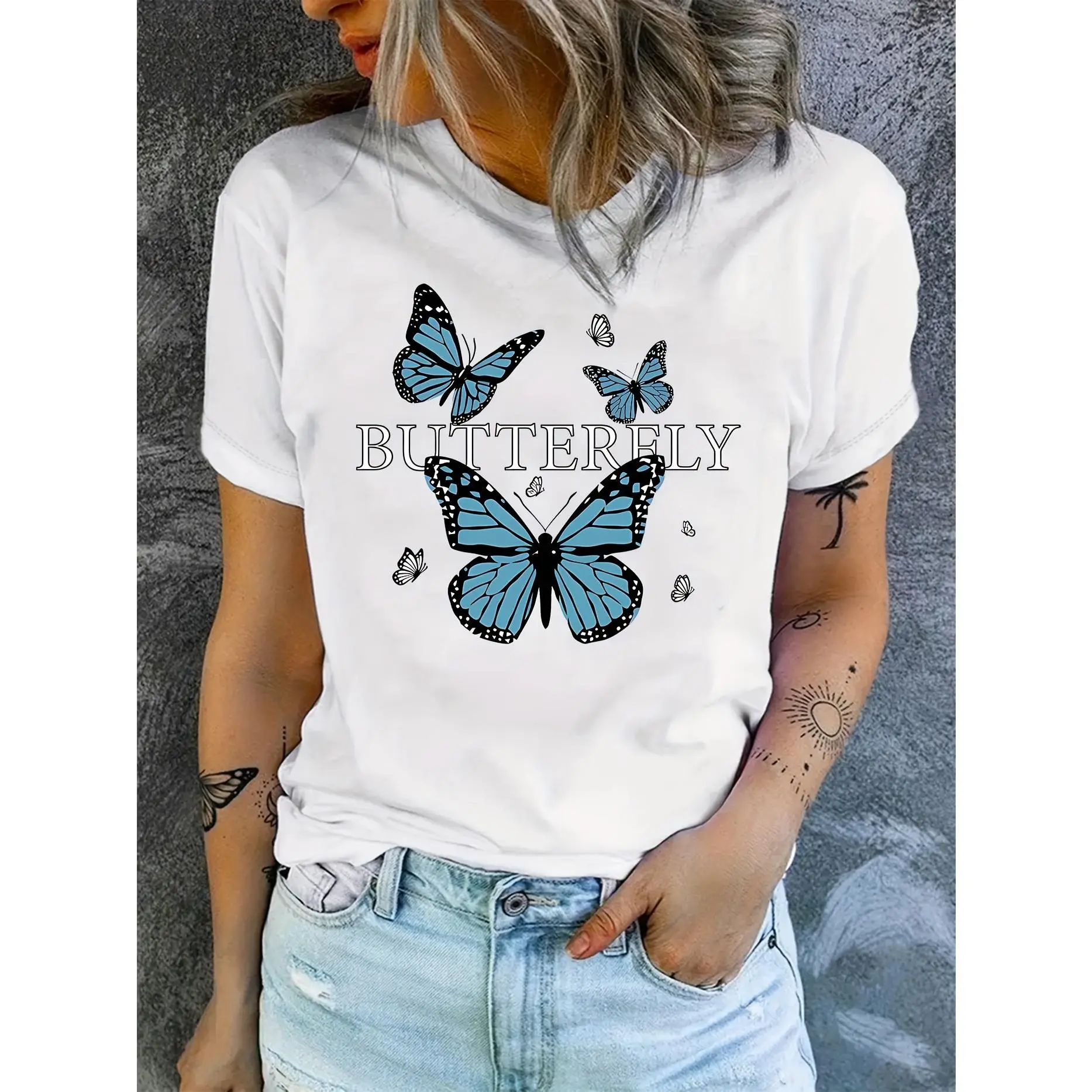 Men's Streetwear T-Shirt with Butterfly Graphic, Soft Lightweight Cotton, Short Sleeve Casual Crew Neck, Menswear
