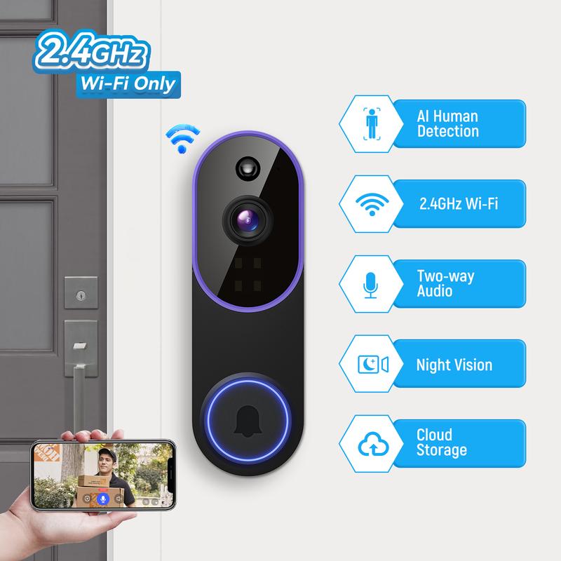 Wireless Video Doorbell Camera, Smart Security Doorbell Camera, 1080P, AI Human Detection , Night Vision, Instant Alert, Two Way Audio, 2.4G WiFi Only, Simple Installation and Rechargeable Battery, Cloud Storage, WiFi Camera