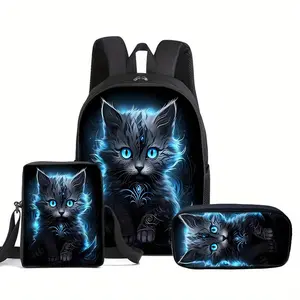 Fluffy Cat Print Black 3-Piece Backpack Set (Teen Edition) — Backpack, Lunch Bag, Pencil Case
