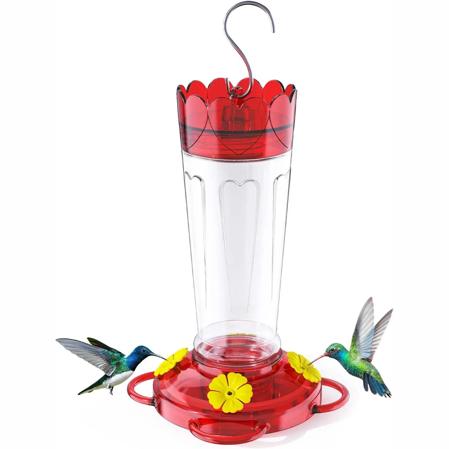 14 oz Outdoor Hanging Hummingbird Feeder with Ant Moat, Pest-Free Plastic Leak-Proof Nectar Feeder, Wide-Mouth Refill, 4-Port Bird Access, Floral Ports & Perches, Backyard Garden Bird Feeding Tool for Birdlovers