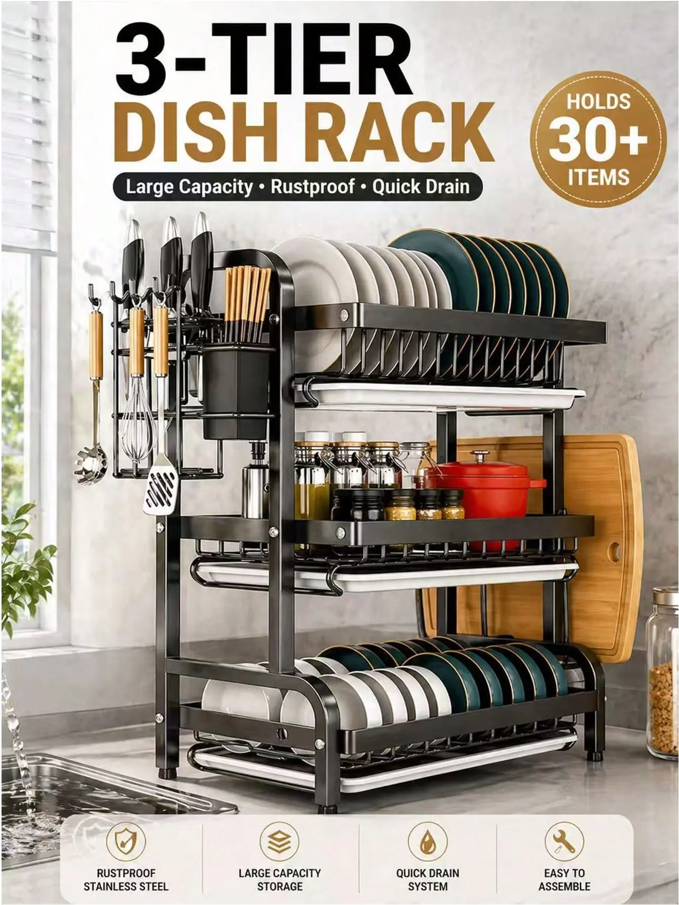 Black 3-Layer Rustproof Stainless Steel Over-The-Sink Dish Drying Rack with Drain Tray, Durable Draining Boards, Hooks (J-Hooks), Home Supplies Countertop Organizer for Utensils, Knives, Kitchen Accessories (0-5 Kg Capacity)