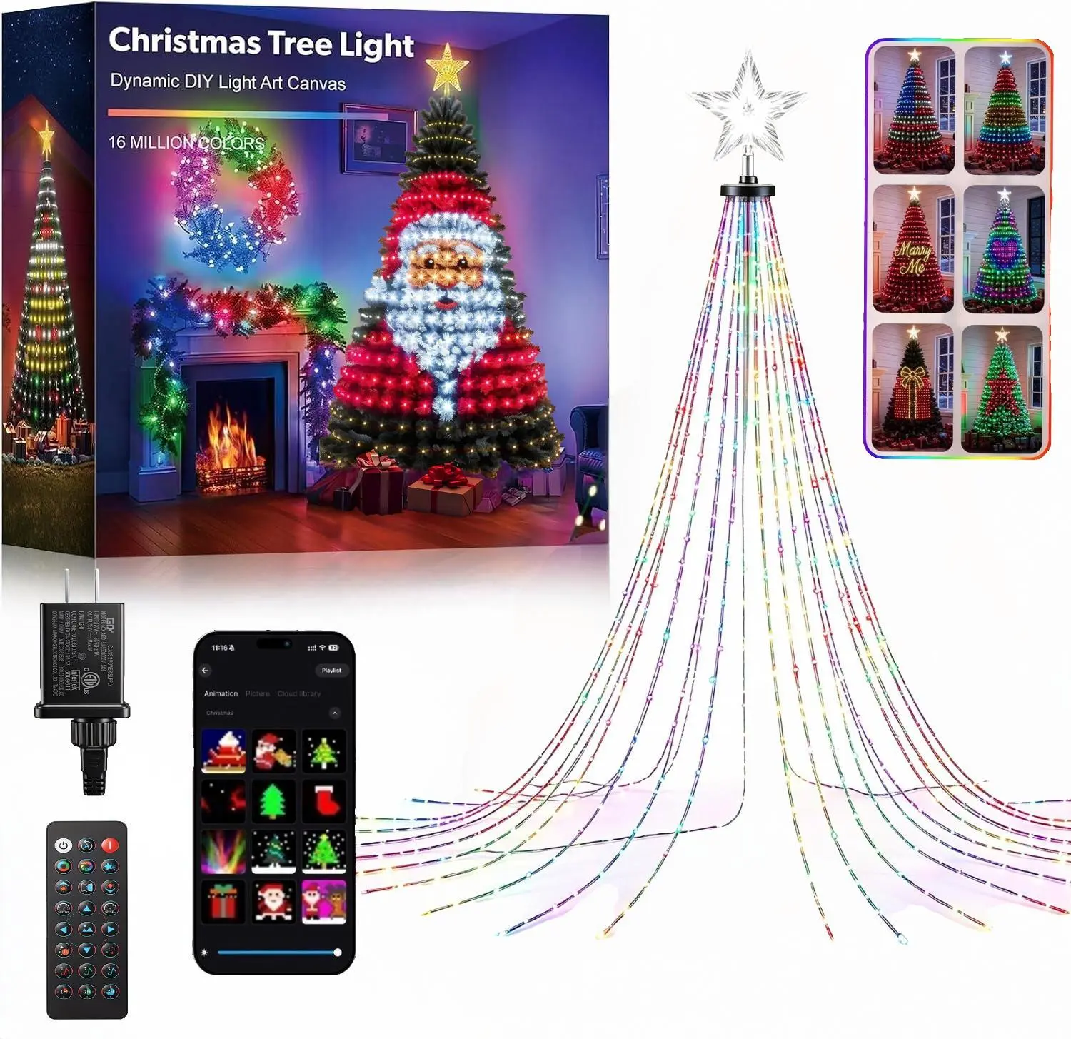 Hoodink Smart Christmas Tree Lights,  Remote and APP Control, RGB Color-Changing Light String with 400 LEDs, 11 Modes, Timer, Music Sync, Suitable for Christmas Decorations and Holiday Party Decorations（Only Lights）