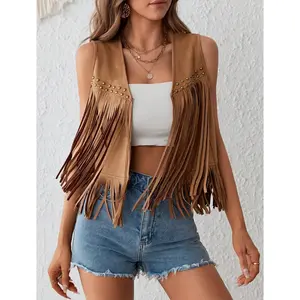 Women's Suede Tassel Vest 70s Hippie Outfit Sleeveless Open Front Vest Western Jacket