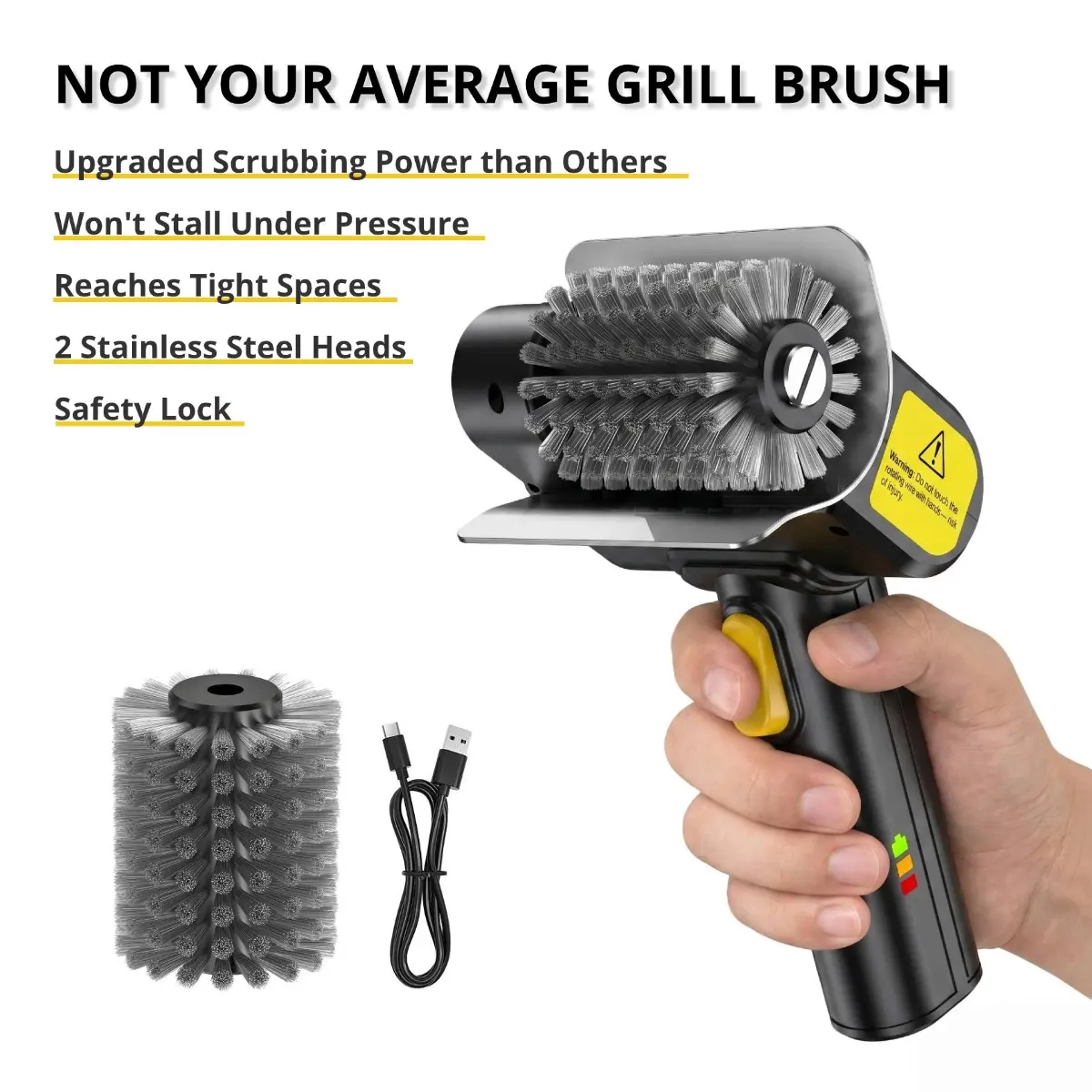 Electric Grill Brush, Rechargeable Cordless BBQ Cleaner with 600RPM Motor & Safety Locks, Includes Two 304 Stainless Steel Brush Heads, Compact Design for Narrow Spaces and Corners SOARFLY G9
