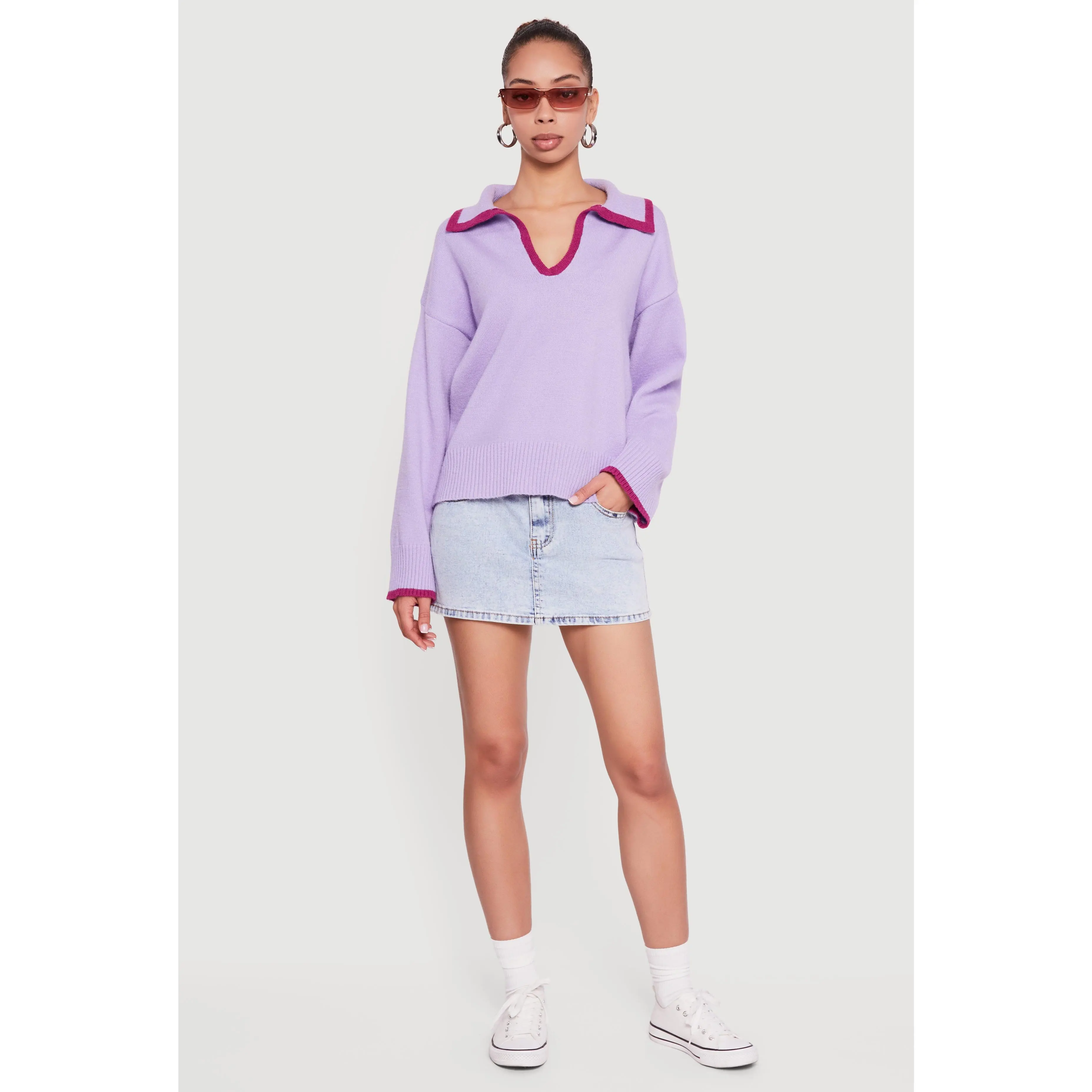 Contrast Trim Johnny Collar Polo Sweater
