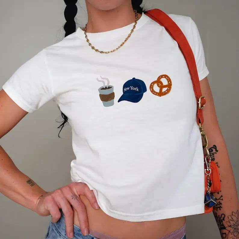 New York City T Shirt, Coffee Pretzel Cap Graphic Y2K Baby Tee, 90s NYC Streetwear Crop Top For Women, Cute Travel Gift For Teen Girls