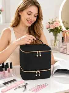 Portable Double Layer Nail Polish Organizer Case for Women, Quilted Travel Makeup Storage Bag with Nail Lamp Compartment, Large Capacity Nail Tech Carrying Bag for Manicure Accessories, Christmas Birthday Halloween Gift for Mom Wife Girlfriend Beauty Love
