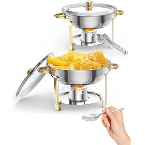 2Pack 5.28QT Round Stainless Steel Chafing Dish Buffet Set, Embossed Gold Frame Food Warmer with Lid, Serving Spoon & Tongs Included for Parties & Wedding Banquets