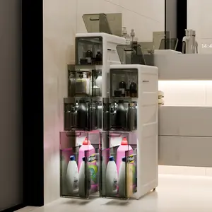 1Pc 3/4 Tier Bathroom Floor Cabinet,Tissue Box, and Plastic Drawers Organizer for Small Spaces, Kitchen, Laundry,Slim Bathromm Storage Cabinet with Plastic Drawer and Casters,