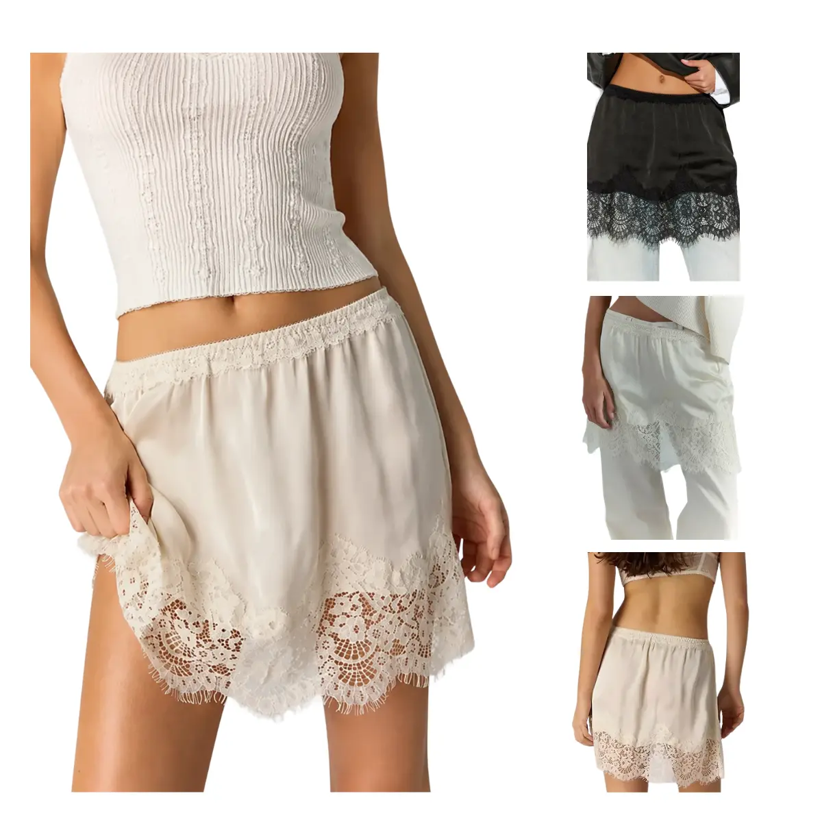 UANEO Silky Lace Trim Mini Skirt Elegant Satin Lounge Skirt Summer Chic OOTD Versatile Womenswear