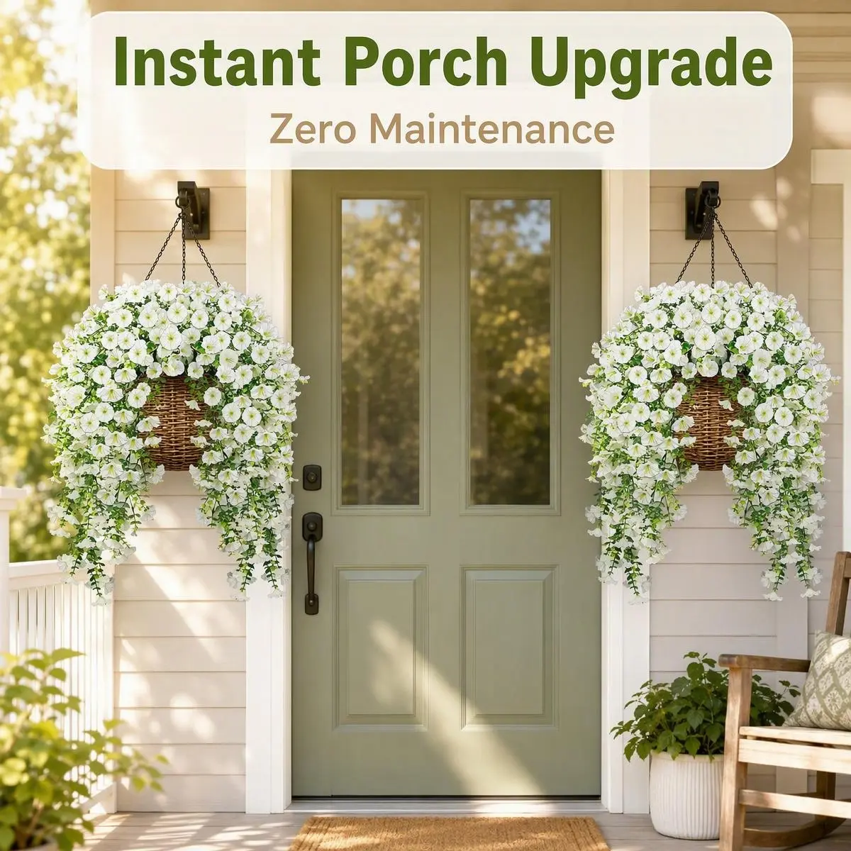2 Pcs White Artificial Hanging Flowers for Outdoors, UV Resistant Faux Petunia Hanging Plants for Porch, Patio, Balcony, Wedding Decor