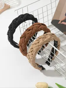 Elegant Wide Hairbands Set, 3pcs Anti-Slip Diamond Embellished Braided Striped Headbands, Spring & Fall Fashion Accessories, Adjustable Headband