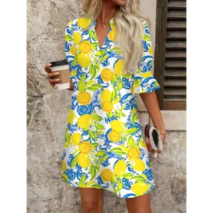 Lady's Classy Polyester Short-Sleeve Casual Shirt Dress - Multicolor Lemon Floral Print, Yellow, Fabric, Casual Wear, Summer Vacation Clothes, Elegant Chic