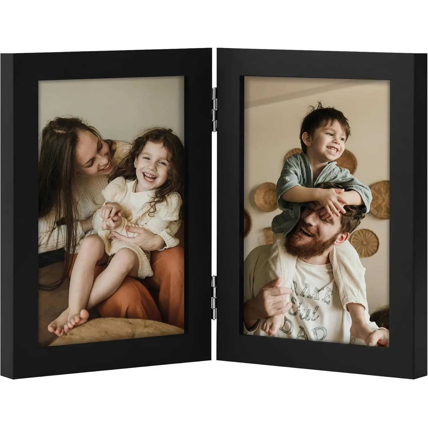 Classic Black Vertical Bifold 4x6 Double Photo Frame - Engineered Wood, Plexiglass, Christmas Friend Gift, Desk Tabletop Home Decor