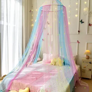 Princess Rainbow Bed Canopy curtain for Girls with Glow-in-The-Dark Stars light Colorful Canopy Net Fits Most Single Twin Full and Queen Size Bed Bedroom Accessories Mosquito Net Without Washing