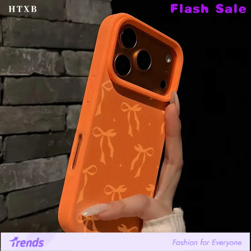 Unisex Stylish Perforated Leather Texture Smartphone Case - Orange Bow Tech Accessory, Comfortable Protective Cover for iPhone 17/X/11/12/13/14/15/16 (Plus, Pro, Max, SE), Camera Device Accessory, Ideal Gift, Accessories