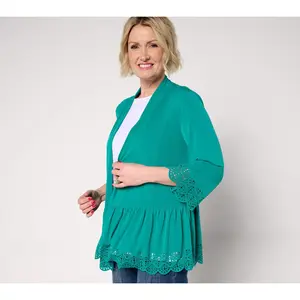 GRAVER Susan Graver Petite Liquid Knit Tiered Laser Cut Cardigan