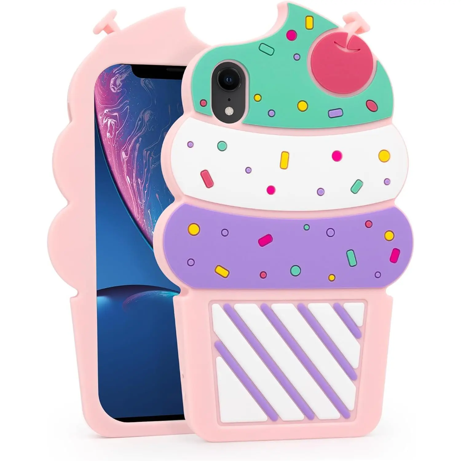 Cute Ice Cream iPhone XR Case, Cupcakes Funny 3D Cartoon Soft Silicone Shockproof Cases Cover Skin for   Women