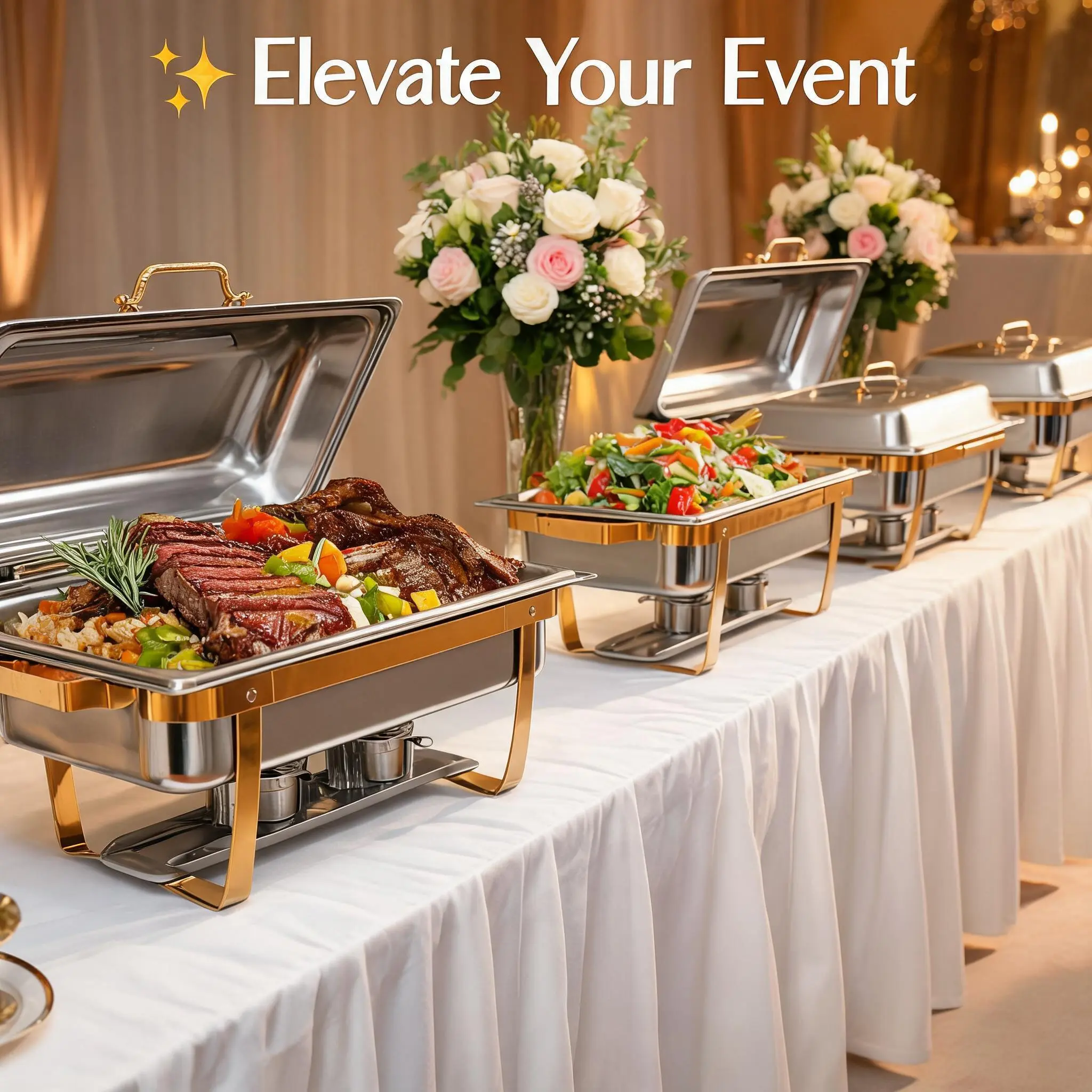 【DealsForYouDays】Gold Stainless Steel Chafing Dish Buffet Sets with 8QT Capacity, Available in 2, 4, and 6 Pack Options, Includes Foldable Food Warmer Frames, Lids, Fuel Cans, Spoon & Tweezer for Weddings, Catering, and Parties