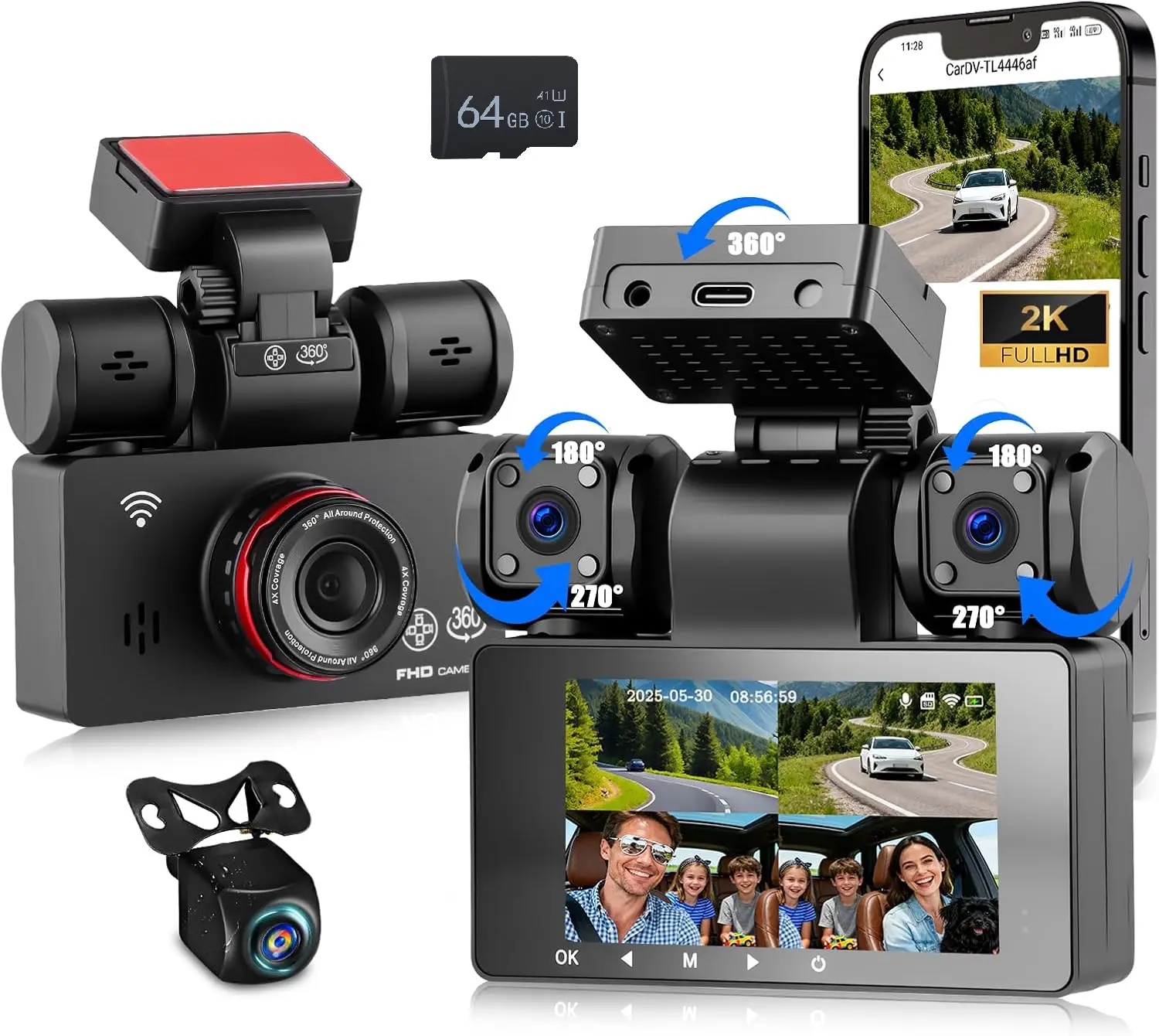 4 Channel 2K Dash Cam Built-in WiFi Front and Rear Inside,3 Inch Dash Camera for Car Car Camera with APP Control,IR Night Vision,Loop Recording,G-Sensor,Parking Assistance,car accessories,SummerVibes