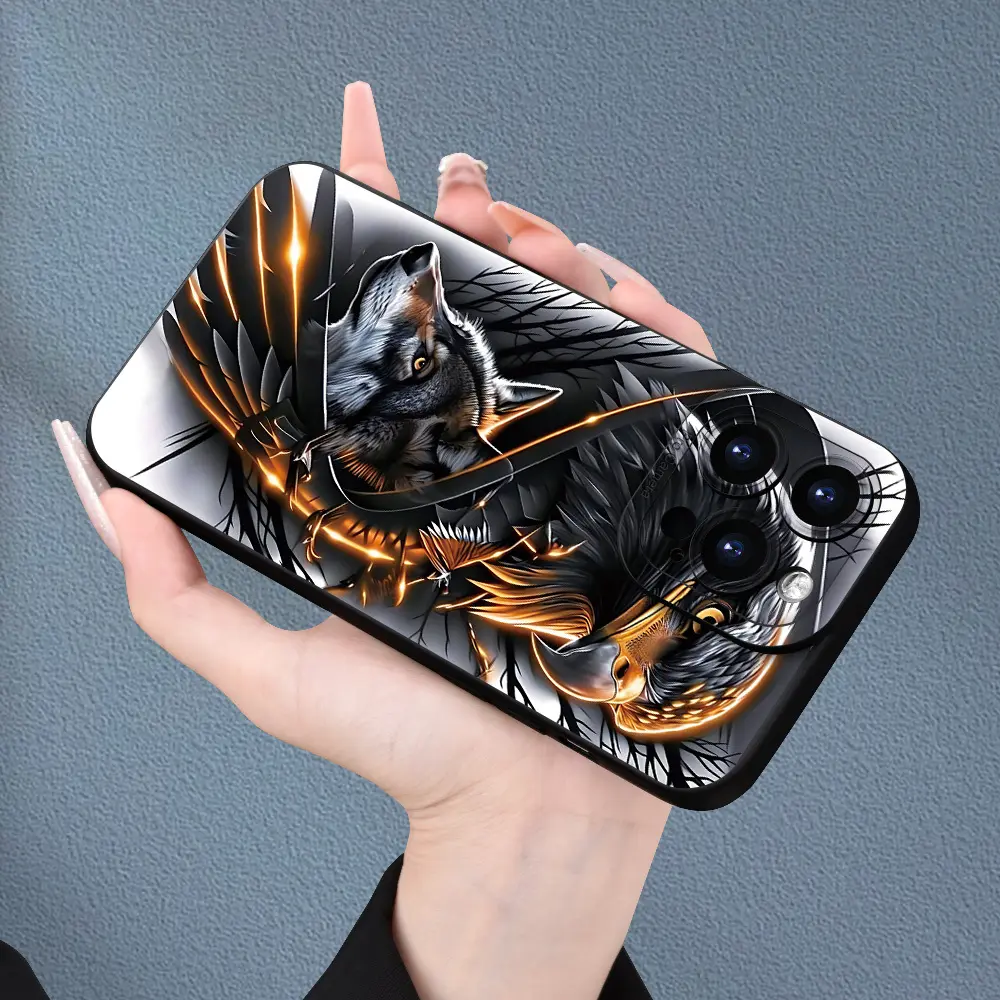 Eagle & Wolf Neon Art Print Phone Case for iPhone 17 Pro Max / 16 Pro Max / 15 Pro Max / 14 Pro Max / 13 Pro Max / Galaxy S26 Ultra / S25 Ultra / S24 Ultra / S23 Ultra / S22 Ultra