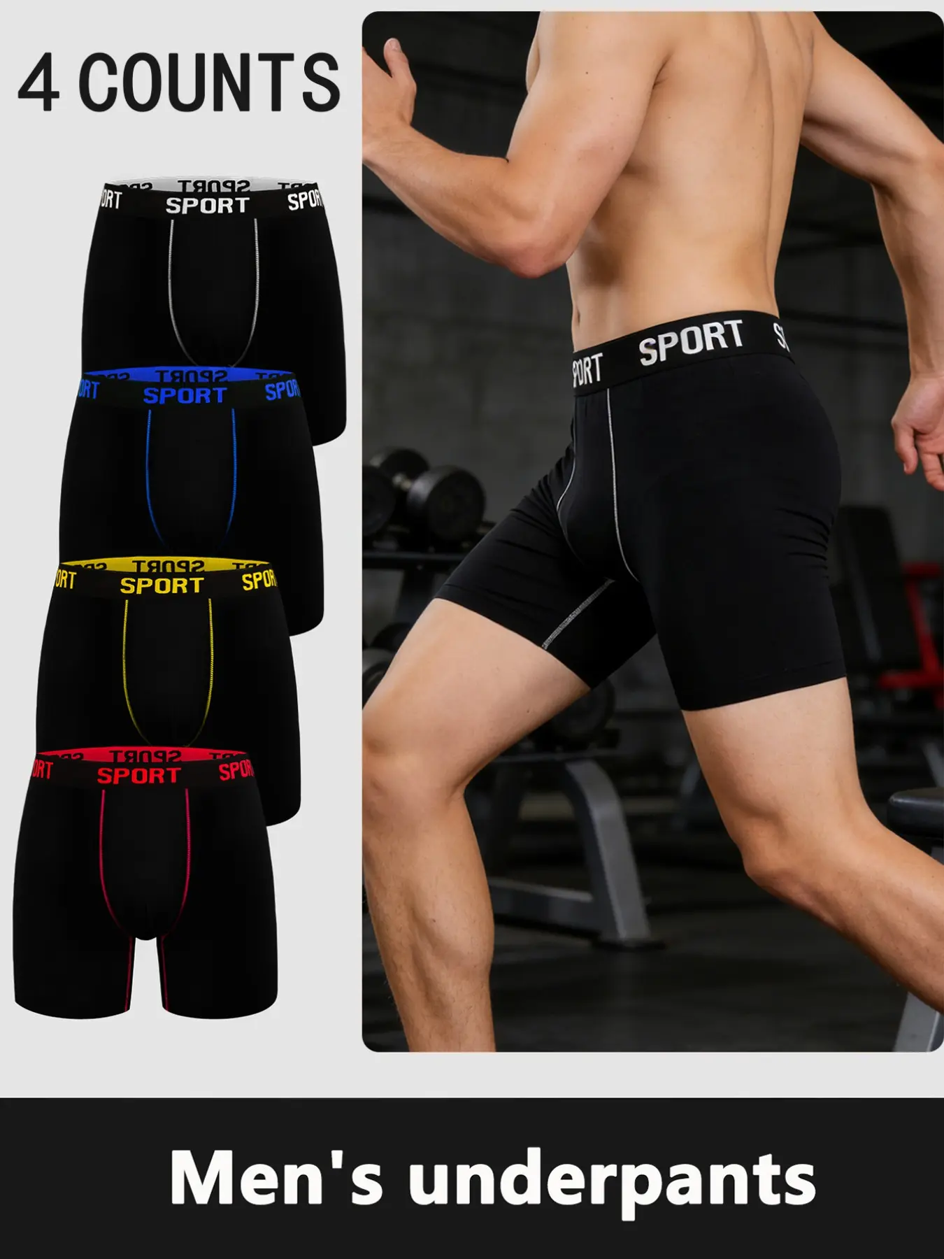 4 pcs Men's long flat cornered underwear, Comfortable and breathable, Lightweight and soft, Stretchy Underwear, Athletic Underwear, Sports Underwear, Suitable for home wear, Durable, Suitable for fitness boxing, Sports Boxer Briefs