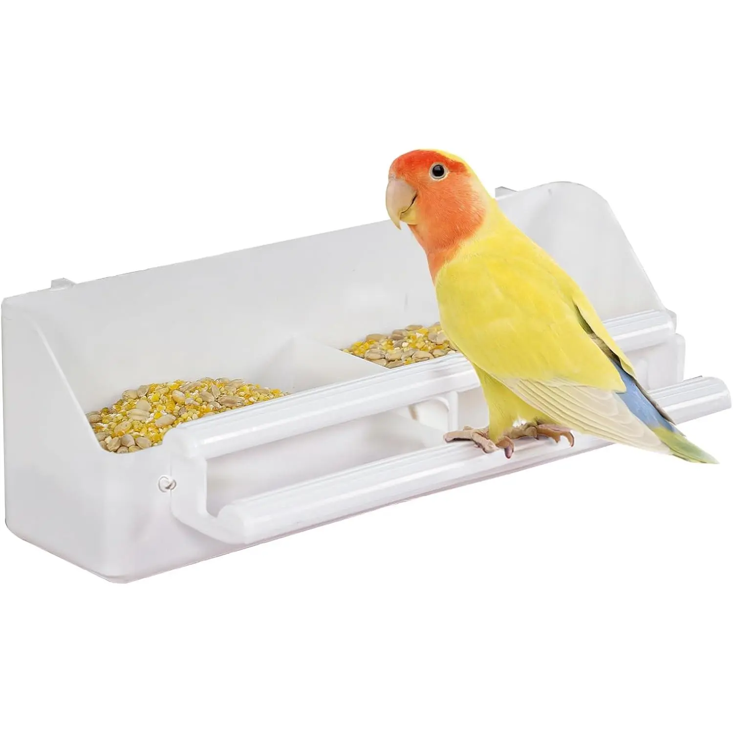1-piece cage-hanging plastic feeder with hook, bird waterer with perching area, cage feeder suitable for parrots, budgies, and canaries