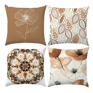 4PCS Brown Leaf and Flowers Throw Pillow Cover, 18 x 18 Inch, Pillow Cover for Cushion Living Room, Bedroom, Couch and Sofa, High Listed Printed (No Pillowcase Insert)