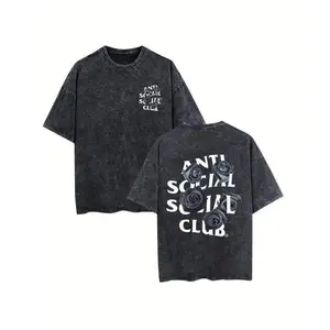 Anti Social Social Club Men's Rose Graphic Vintage Washed Heavy Cotton T-Shirt Retro Double-Sided Water Wash Top - Casual, Womenswear