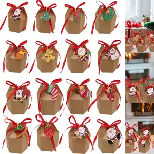 24 Pcs Christmas Gift Boxes with Ribbon and Cards Cartoon Santa Claus Reindeer Snowman Pattern Box Paper Cookies Candy Treat Boxes for Christmas Party Favor Supplies