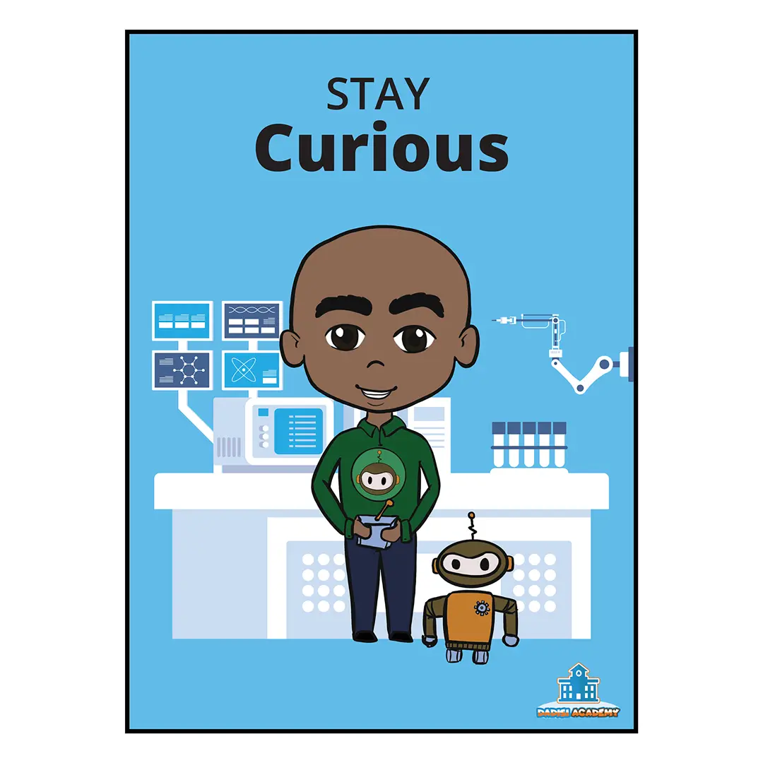 Justin "Stay Curious" Poster STEM 24x36 Glossy Black Children Home Decor for Young Boys & Girls Encouraging Curiosity