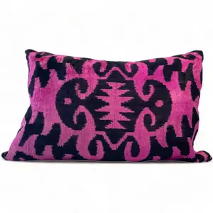 Hot Pink and Black Ethnic Design Silk Lumbar Pillow
