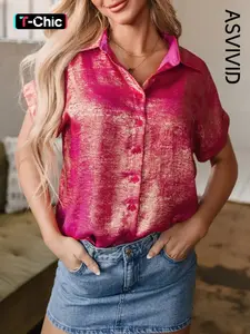 Women's Casual Metallic Sheen Short Sleeve Buttoned Front Lapel Shirt for Summer