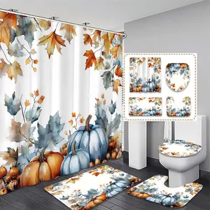 Thanksgiving Pumpkin Maple Leaf Shower Curtain Set, Bathroom Curtain, Includes 12 Hooks, Bath Mat, Toilet Lid Cover, U-Shaped Pad, Ideal Gift