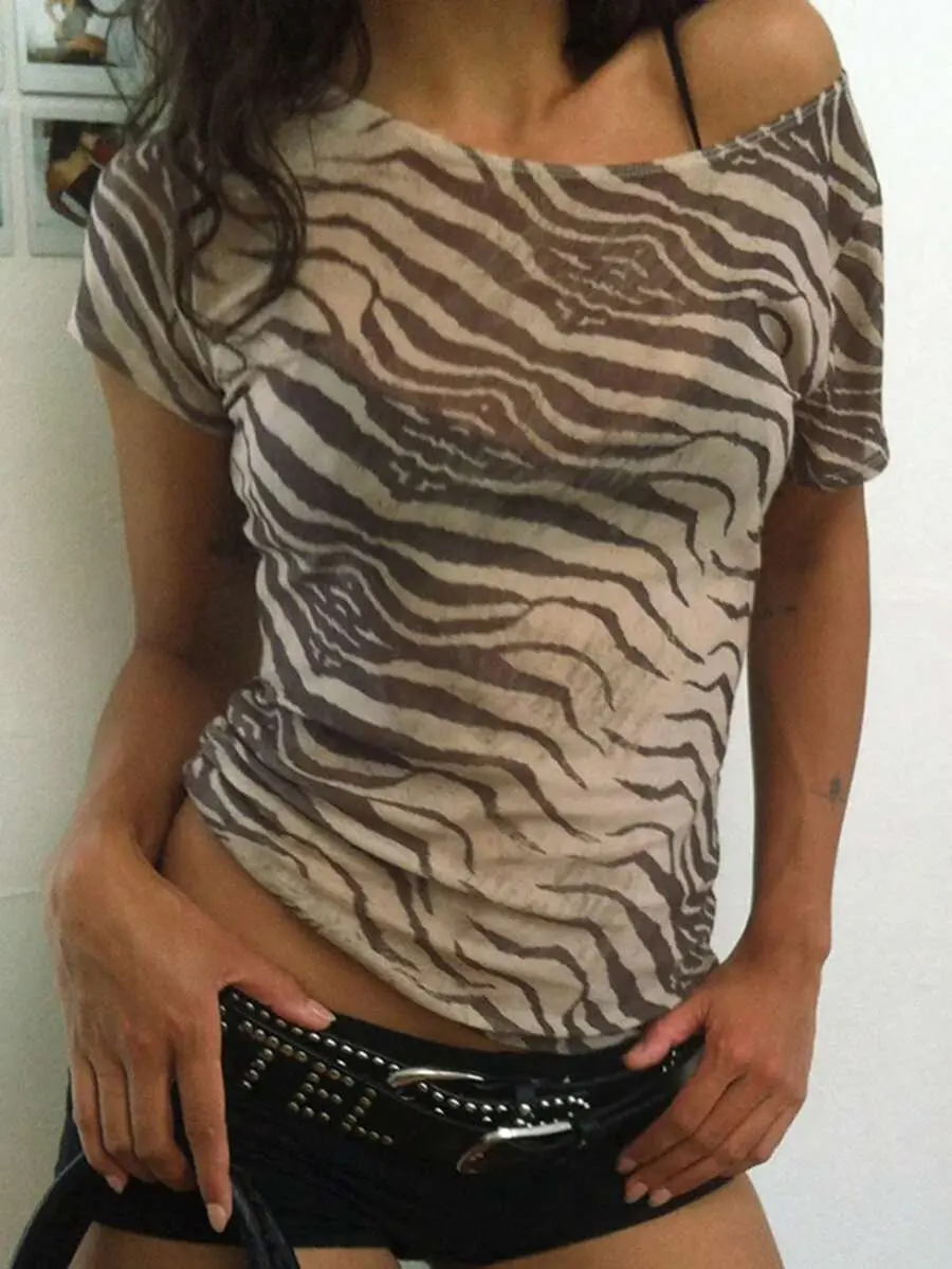 MUSRA Sexy Summer Women's Graphic Print Mesh Short Sleeve Top, Suitable For Performance & Outings Casual Brown