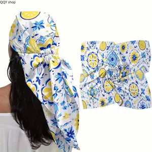 【Summervibes】Mediterranean Lemon Print Head Scarf, Boho Pre-Tied Turban Headwrap, Non-Slip Satin Hair Cover, Stylish Adjustable Head Bandana for Women Daily Wear, Vacation Hairstyle & Bad Hair Day Solution