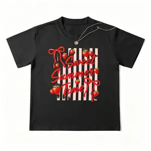 "Sweet Summer Time Strawberry Bow" Black Casual T-Shirt - Coquette Summer Tee Washed Black "Sweet Summer Time" Strawberry Graphic Tee - Cute Summer Streetwear