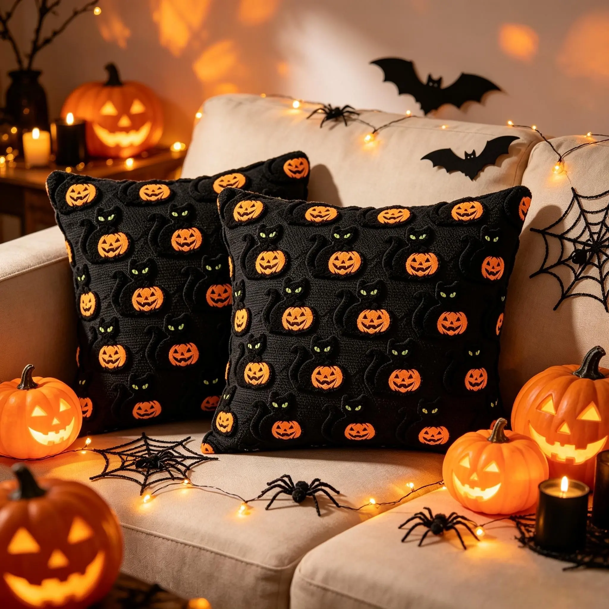 Halloween Throw Pillow Covers Halloween decorations  Black Cat Pumpkin Embroidery 18*18 set of 2 Soft and comfortable Halloween decor suitable for sofas and bedrooms.