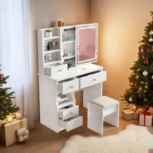 Vanity Desk with LED Mirror and Lights, Makeup Vanity Table with Chair, Drawers, Cabinet, Dressing Table with Hidden Storage Shelves for Bedroom, Dressing Room, White