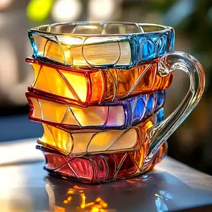 1 Book-Themed Coffee & Tea Cup with Book Spine Design - Borosilicate, Leakproof Hexagonal Stackable Mug Suitable for Readers, Librarians, Book Lovers - Reusable Tea/Coffee Cup, Book Gift, Birthday Present