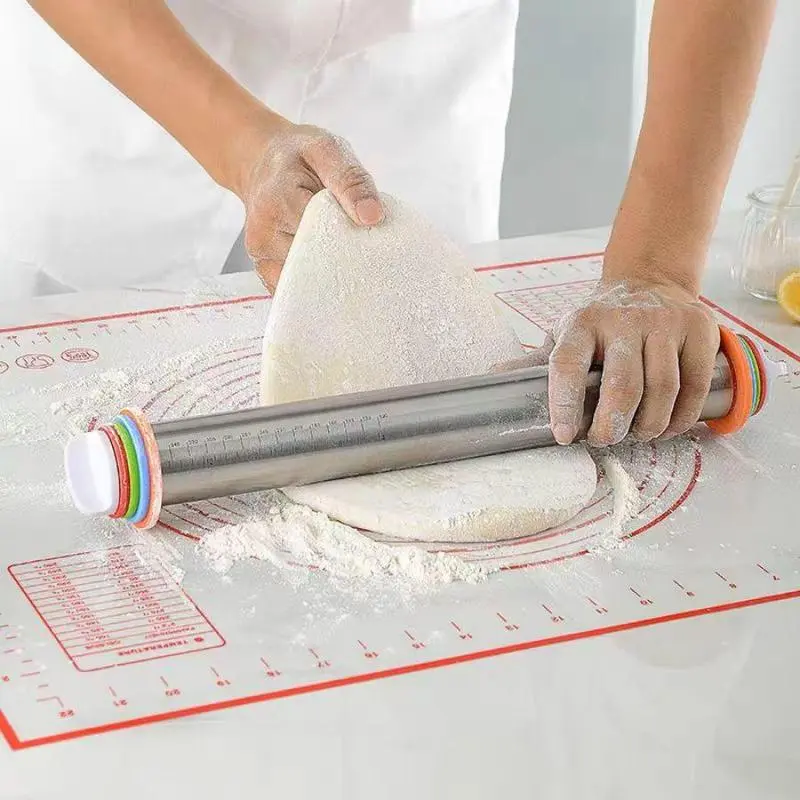 Adjustable Stainless Steel Dough Roller, 1-Count Durable Rolling Pin with Measuring Function, Essential Kitchen Baking Utensil, Baking Tool, Baking Supplies (Only Rolling Pin Included)
