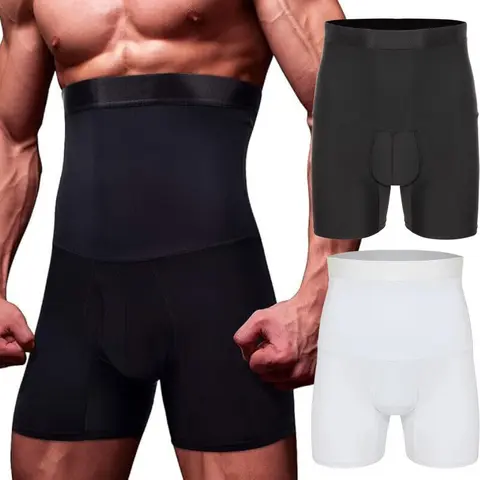 Men's High-Waist Tummy Control Slim-Fitting Shapewear Shorts - 1/2/3 Pack Nylon Compression Panties with 3D Pouch, Breathable Stretchy Fabric, Comfy Smooth Fit, Waist Reduction, Casual Everyday Love-Handle Smoothing Bottoms